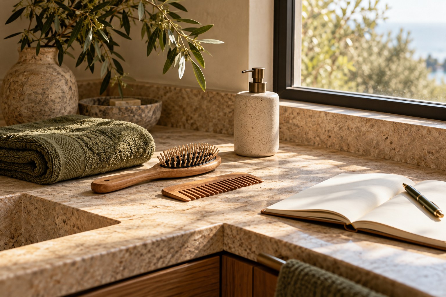 A hairbrush, towel, and notebook on a bathroom counter