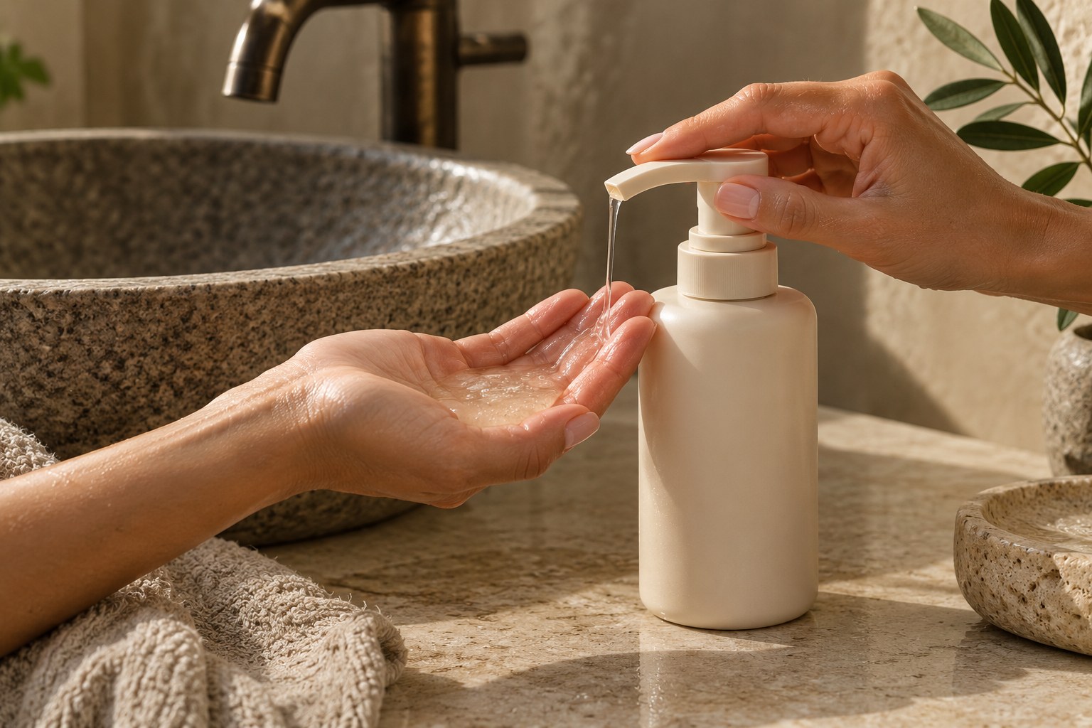 Dispensing shampoo beside a stone sink